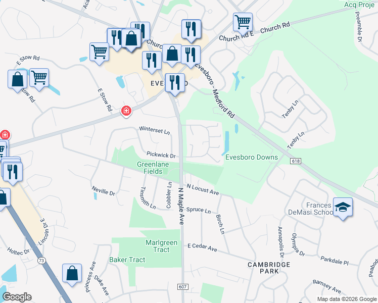 map of restaurants, bars, coffee shops, grocery stores, and more near 3 Riesling Court in Evesham