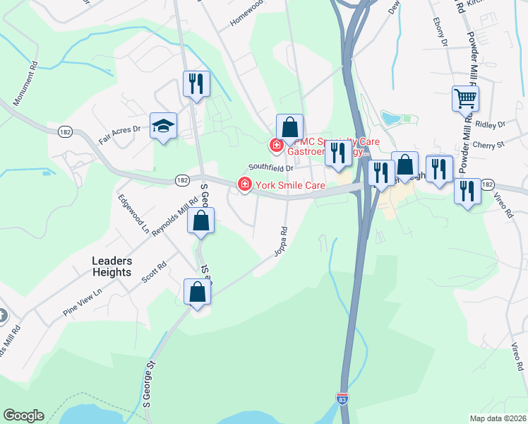 map of restaurants, bars, coffee shops, grocery stores, and more near 2609 Skylark Drive in York