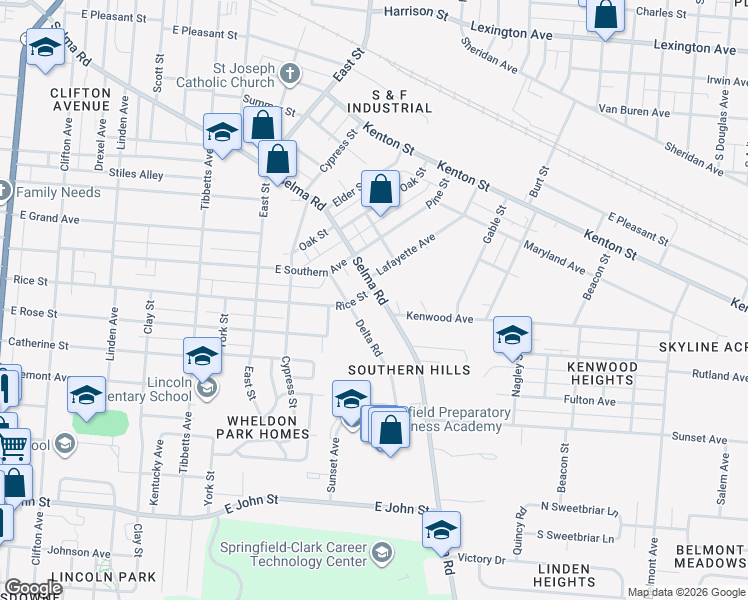 map of restaurants, bars, coffee shops, grocery stores, and more near 1214 Rice Street in Springfield
