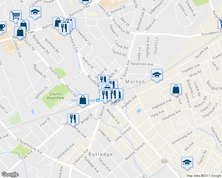 map of restaurants, bars, coffee shops, grocery stores, and more near 22 North Morton Avenue in Morton