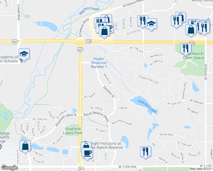 map of restaurants, bars, coffee shops, grocery stores, and more near 11691 Decatur Drive in Westminster