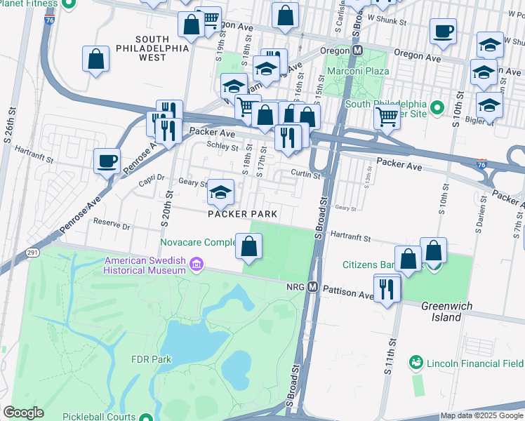 map of restaurants, bars, coffee shops, grocery stores, and more near 3229R South 17th Street in Philadelphia
