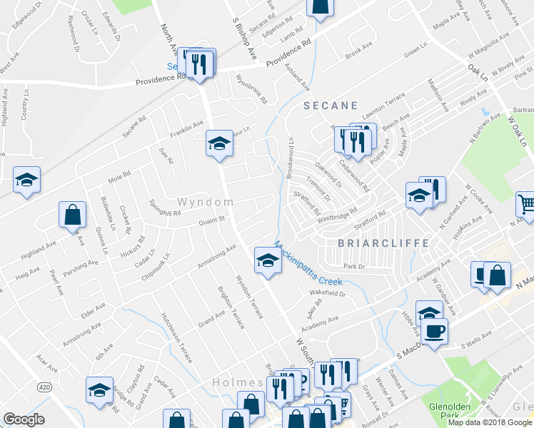 map of restaurants, bars, coffee shops, grocery stores, and more near 2933 Armstrong Avenue in Delaware County