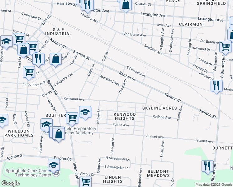 map of restaurants, bars, coffee shops, grocery stores, and more near 1131 Beacon Street in Springfield