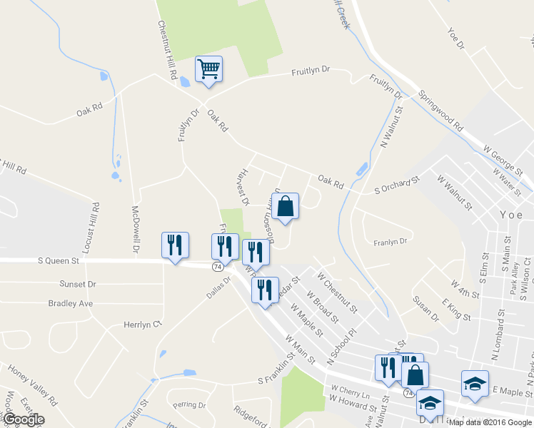 map of restaurants, bars, coffee shops, grocery stores, and more near 656 Blossom Hill Lane in Dallastown
