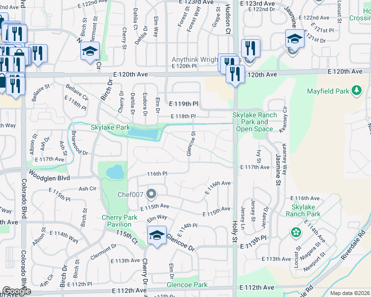 map of restaurants, bars, coffee shops, grocery stores, and more near 11735 Glencoe Street in Thornton