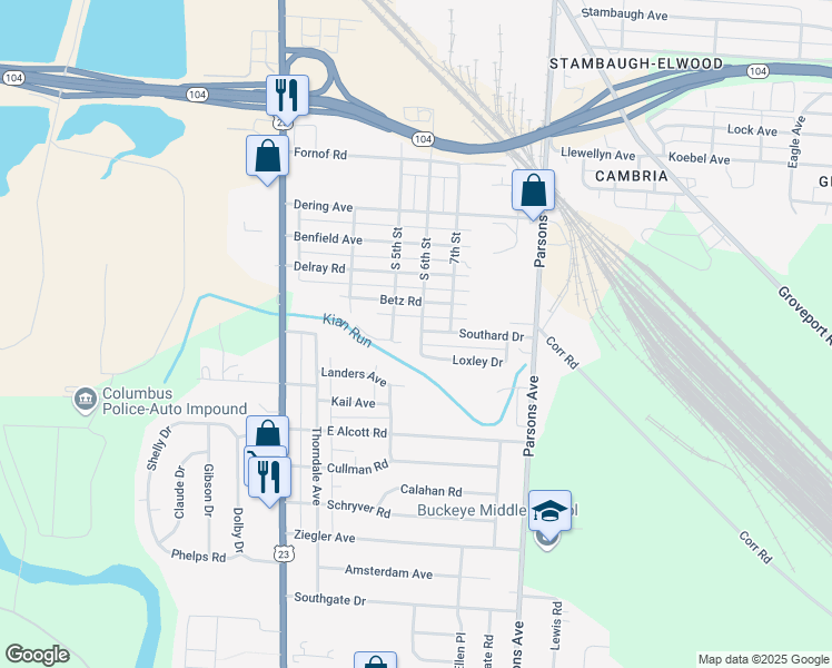 map of restaurants, bars, coffee shops, grocery stores, and more near 2633 South 6th Street in Columbus