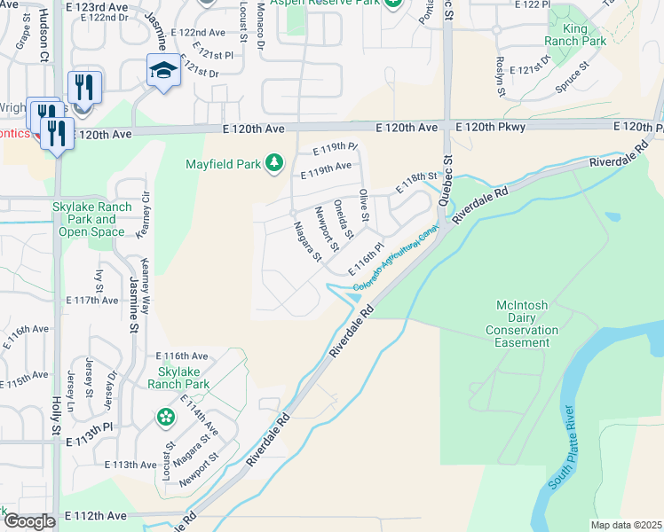 map of restaurants, bars, coffee shops, grocery stores, and more near 6702 East 117th Avenue in Thornton