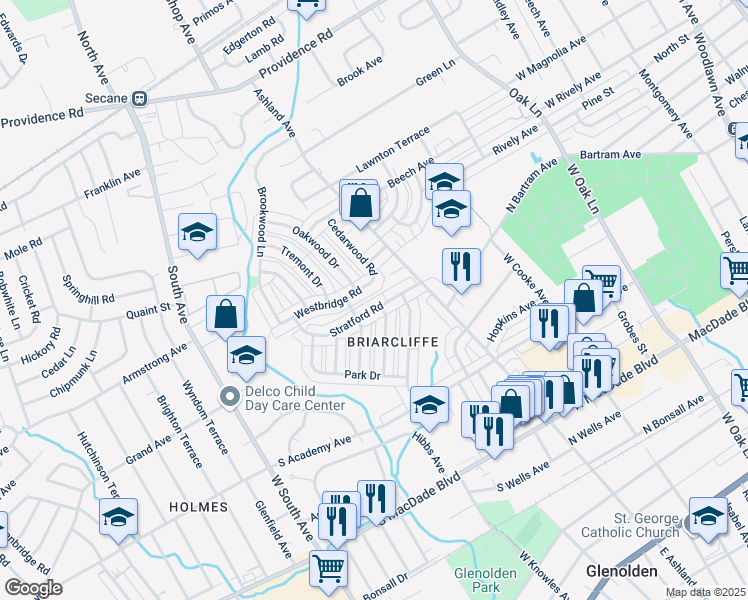 map of restaurants, bars, coffee shops, grocery stores, and more near 200 Stratford Road in Glenolden