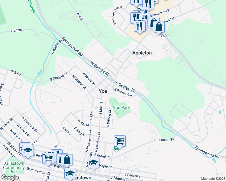 map of restaurants, bars, coffee shops, grocery stores, and more near 0 East Pennsylvania Avenue in Yoe