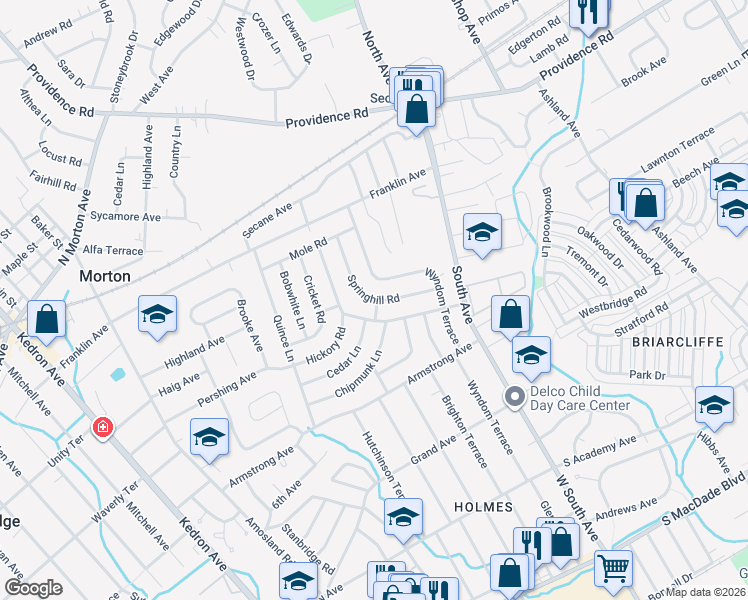 map of restaurants, bars, coffee shops, grocery stores, and more near 877 Springhill Road in Clifton Heights