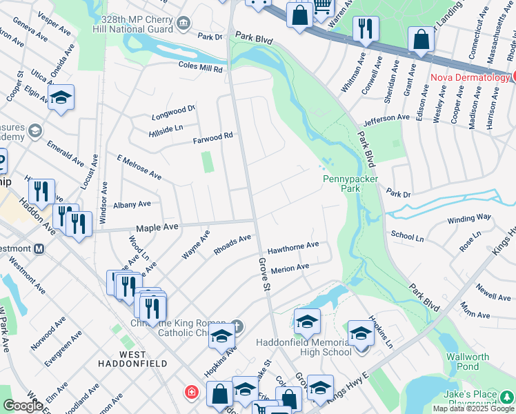 map of restaurants, bars, coffee shops, grocery stores, and more near 617 Grove Street in Haddonfield