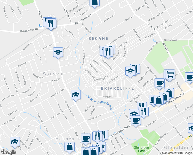 map of restaurants, bars, coffee shops, grocery stores, and more near 314 Westbridge Road in Glenolden