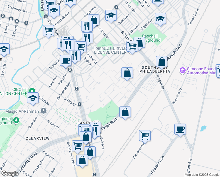 map of restaurants, bars, coffee shops, grocery stores, and more near 7316 Longspur Pl in Philadelphia