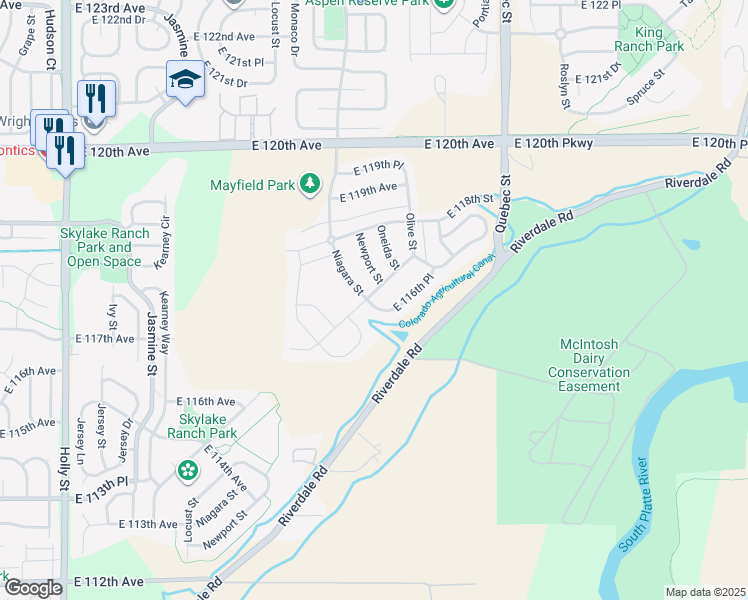 map of restaurants, bars, coffee shops, grocery stores, and more near 6702 East 117th Avenue in Thornton