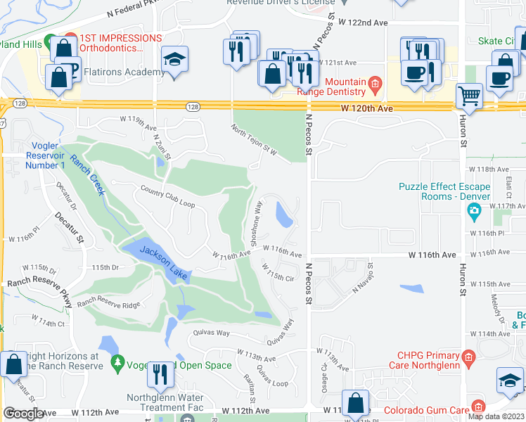 map of restaurants, bars, coffee shops, grocery stores, and more near 11628 Shoshone Way in Westminster