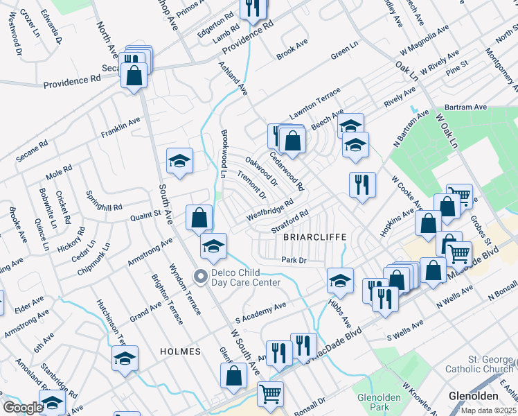 map of restaurants, bars, coffee shops, grocery stores, and more near 314 Westbridge Road in Glenolden
