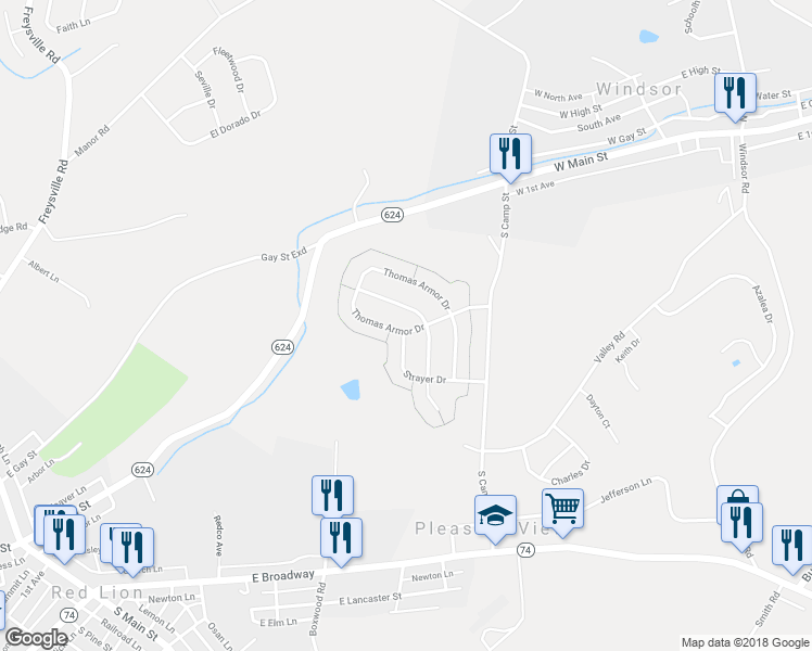 map of restaurants, bars, coffee shops, grocery stores, and more near 240 Thomas Armor Drive in Windsor