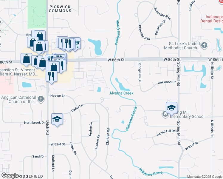 map of restaurants, bars, coffee shops, grocery stores, and more near 8411 Quail Hollow Road in Indianapolis
