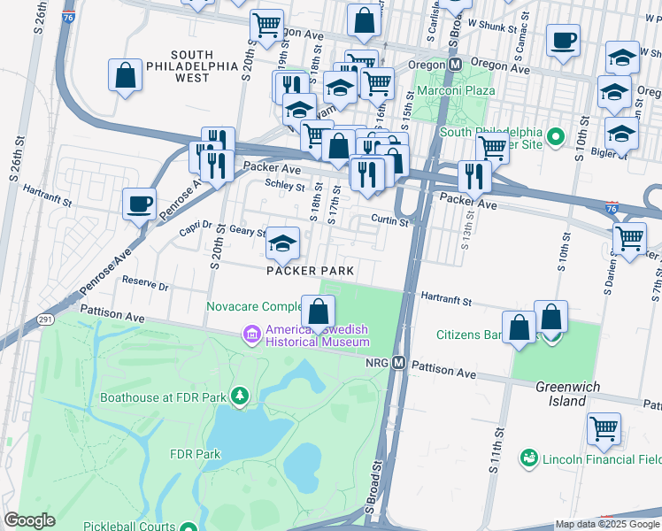 map of restaurants, bars, coffee shops, grocery stores, and more near 3229 South 17th Street in Philadelphia