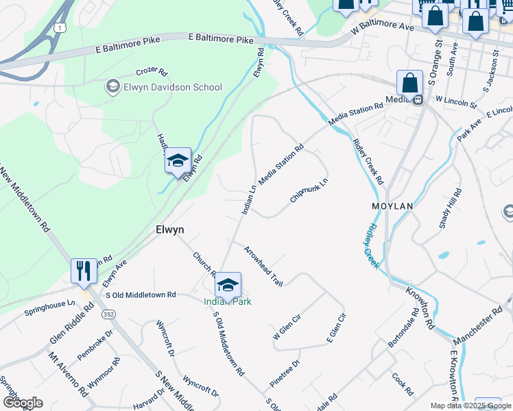 map of restaurants, bars, coffee shops, grocery stores, and more near 3 Chipmunk Lane in Media