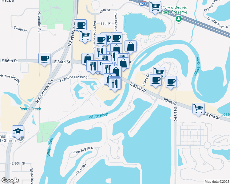 map of restaurants, bars, coffee shops, grocery stores, and more near 2224 Calaveras Way in Indianapolis