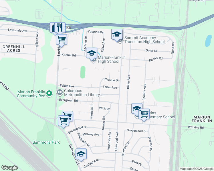 map of restaurants, bars, coffee shops, grocery stores, and more near 1360 Faber Avenue in Columbus