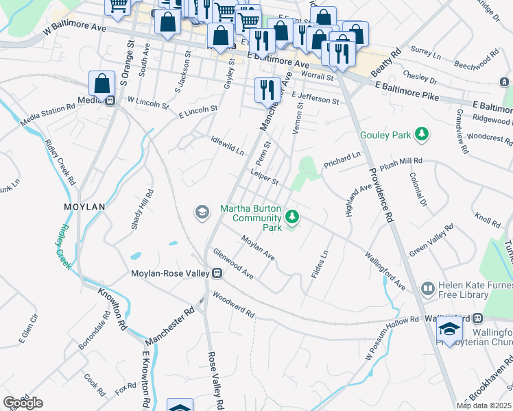 map of restaurants, bars, coffee shops, grocery stores, and more near 711 Washington Avenue in Media