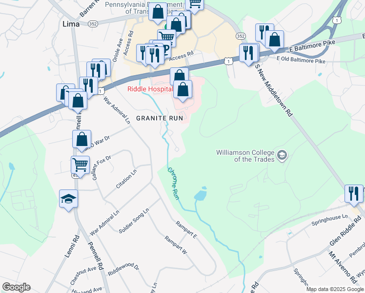 map of restaurants, bars, coffee shops, grocery stores, and more near 512 Williamson Circle in Media