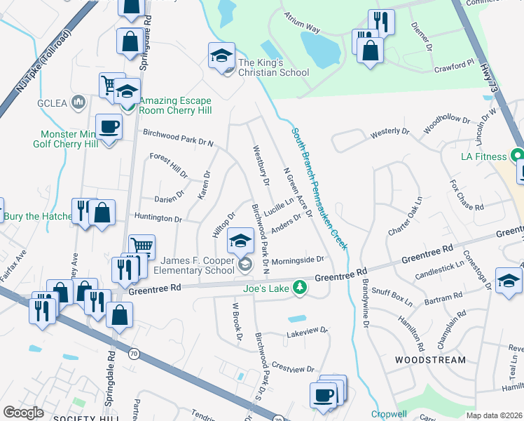 map of restaurants, bars, coffee shops, grocery stores, and more near 1966 Birchwood Park Drive North in Cherry Hill
