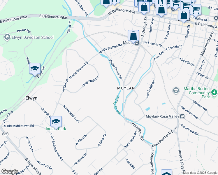 map of restaurants, bars, coffee shops, grocery stores, and more near 670 South Ridley Creek Road in Media