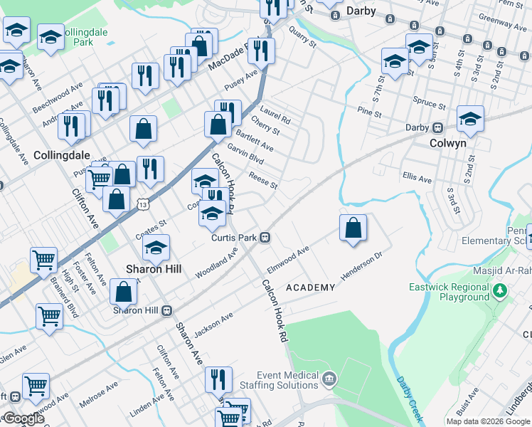 map of restaurants, bars, coffee shops, grocery stores, and more near 308 Eggleston Terrace in Sharon Hill