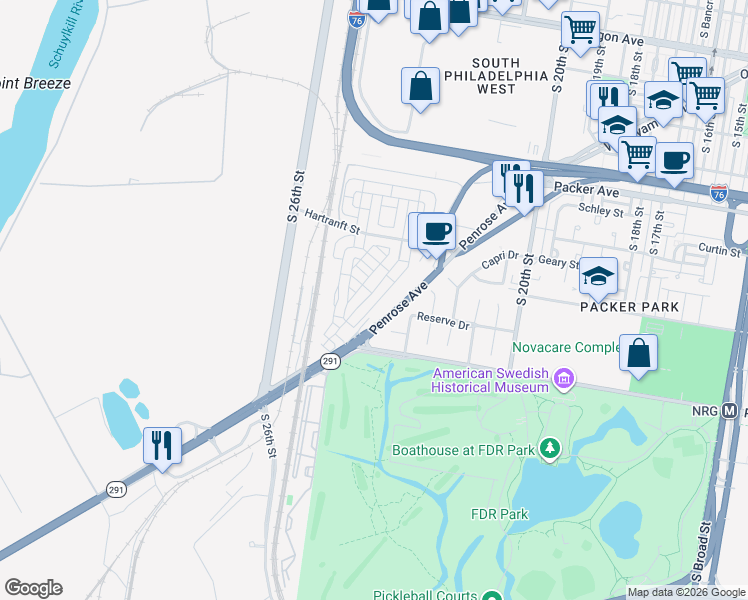 map of restaurants, bars, coffee shops, grocery stores, and more near 3403 Pietro Way in Philadelphia