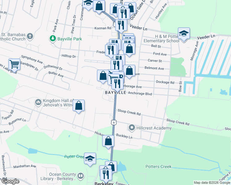 map of restaurants, bars, coffee shops, grocery stores, and more near in Berkeley Township