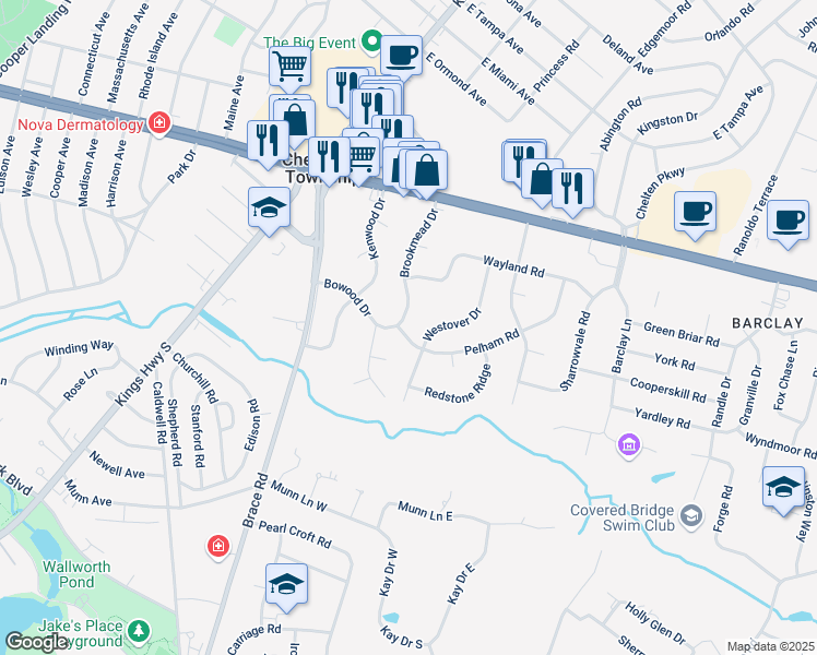map of restaurants, bars, coffee shops, grocery stores, and more near 245 Brookmead Drive in Cherry Hill