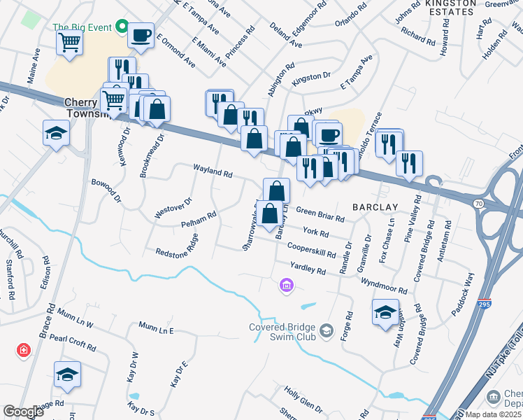 map of restaurants, bars, coffee shops, grocery stores, and more near 113 Sharrowvale Road in Cherry Hill