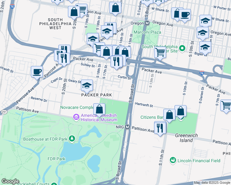 map of restaurants, bars, coffee shops, grocery stores, and more near 3228 South Sydenham Street in Philadelphia