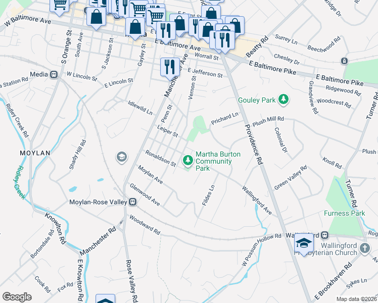 map of restaurants, bars, coffee shops, grocery stores, and more near 310 Wallingford Avenue in Media