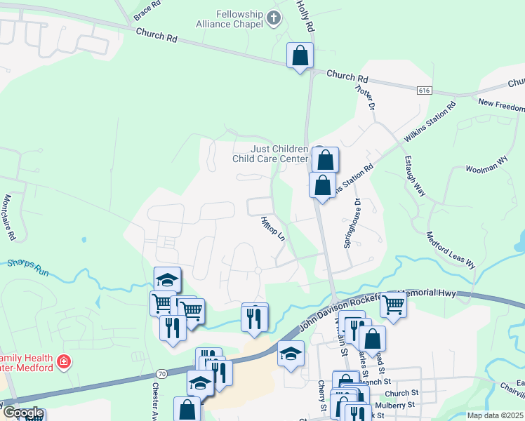 map of restaurants, bars, coffee shops, grocery stores, and more near 1 Summerhill Lane in Medford