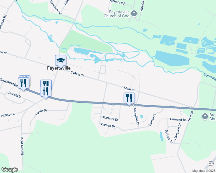 map of restaurants, bars, coffee shops, grocery stores, and more near 108 East Main Street in Fayetteville