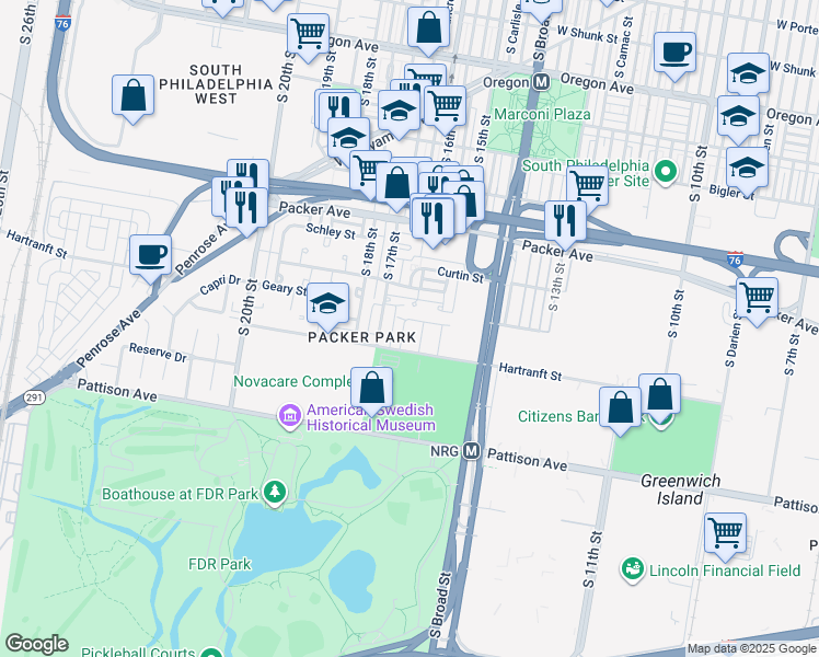 map of restaurants, bars, coffee shops, grocery stores, and more near 3225 South Smedley Street in Philadelphia