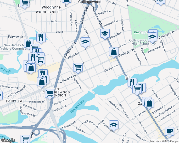 map of restaurants, bars, coffee shops, grocery stores, and more near 918 West Collings Avenue in Oaklyn