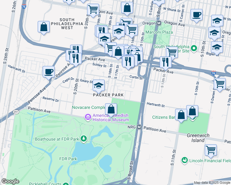 map of restaurants, bars, coffee shops, grocery stores, and more near 3225R South 17th Street in Philadelphia