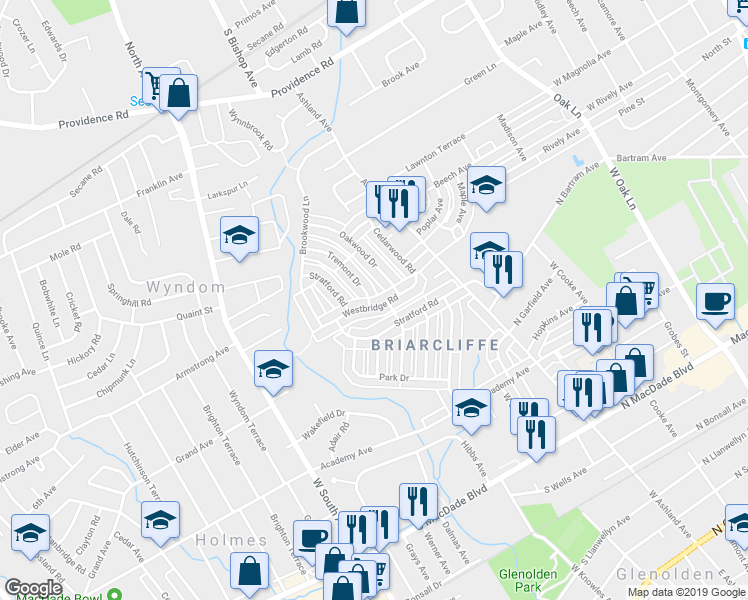 map of restaurants, bars, coffee shops, grocery stores, and more near 224 Westbridge Road in Glenolden