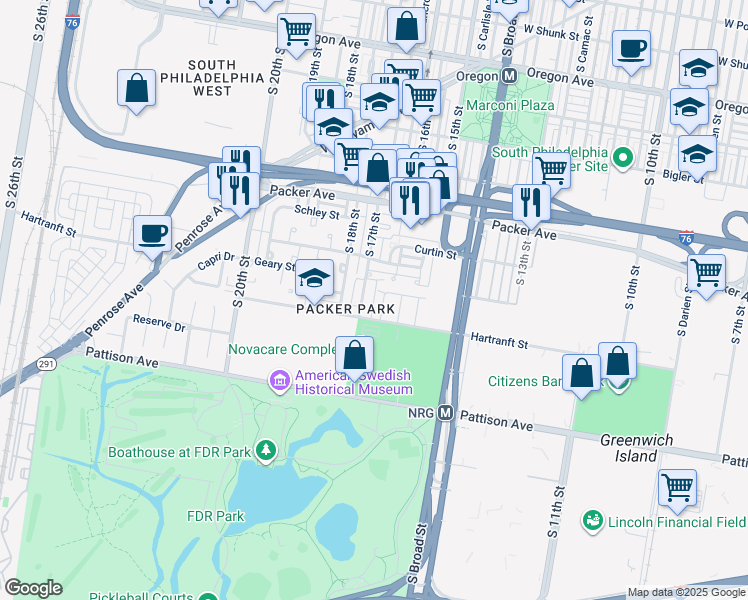 map of restaurants, bars, coffee shops, grocery stores, and more near 3225R South 17th Street in Philadelphia