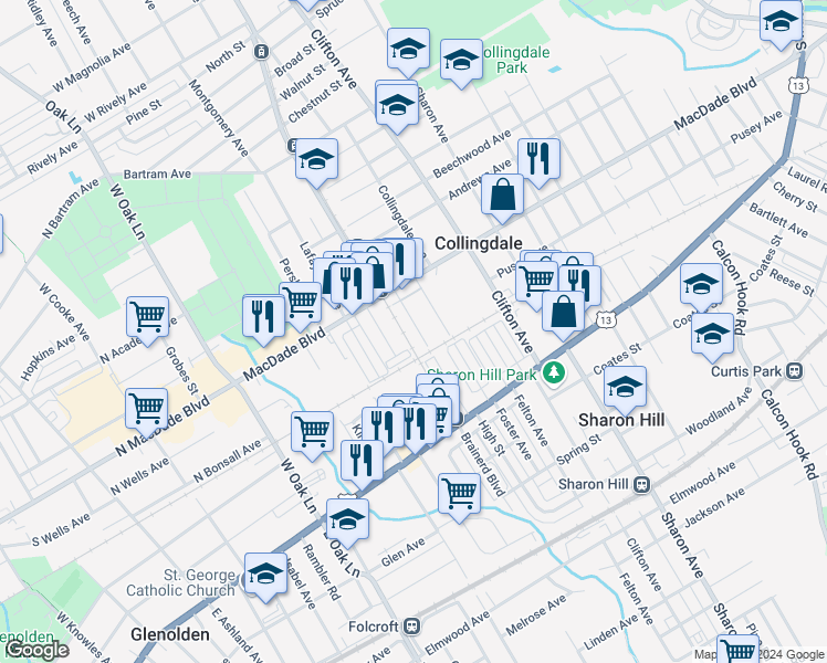 map of restaurants, bars, coffee shops, grocery stores, and more near 126 Wayne Avenue in Collingdale