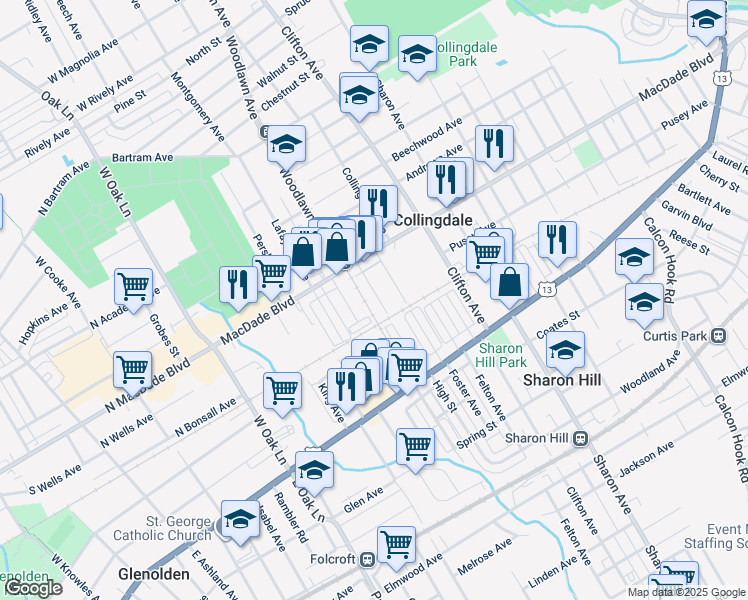 map of restaurants, bars, coffee shops, grocery stores, and more near 126 Wayne Avenue in Collingdale