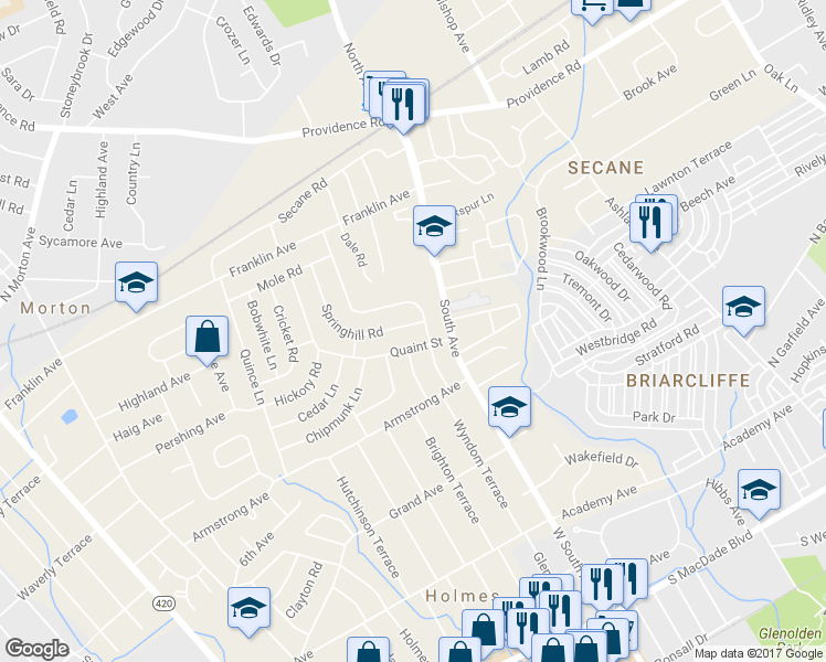 map of restaurants, bars, coffee shops, grocery stores, and more near 2748 Springhill Road in Delaware County