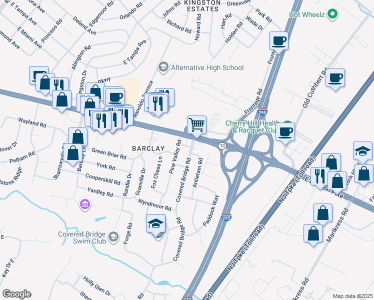 map of restaurants, bars, coffee shops, grocery stores, and more near 36 Covered Bridge Road in Cherry Hill
