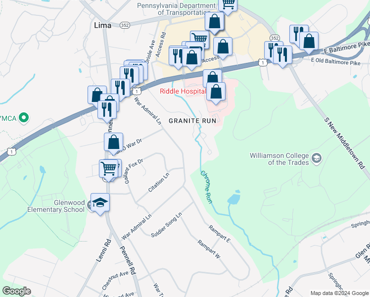 map of restaurants, bars, coffee shops, grocery stores, and more near 54 War Admiral Lane in Media